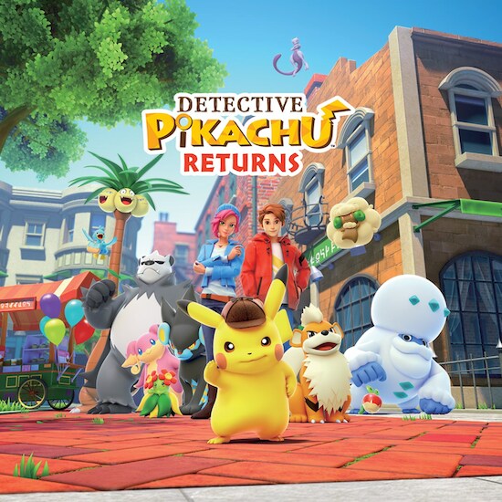 A poster shot of the Nintendo Switch Detective Pikachu Returns game with several Pokemon and two people in front of a city background