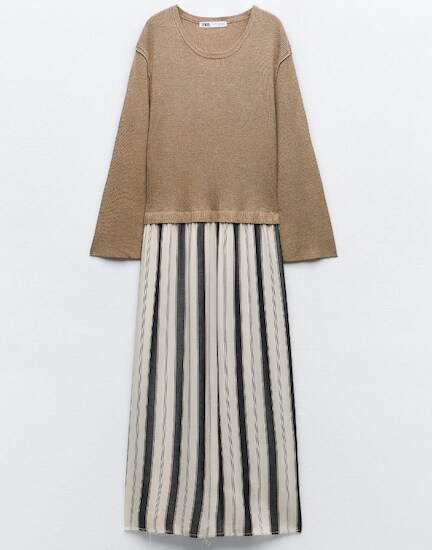 A tan, white, and black Zara Striped Combination Knit Dress with a round collar, long sleeves, and combination fabric on the skirt portion