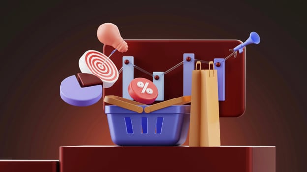 3D illustration of online shopping with a shopping basket, shopping icons, and sales analytics dashboard