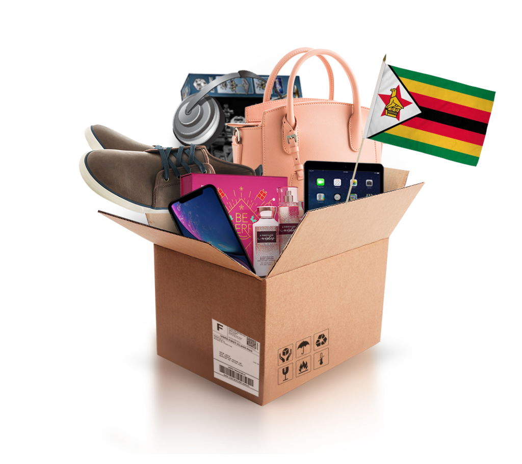 box with various products and the flag of zimbabwe