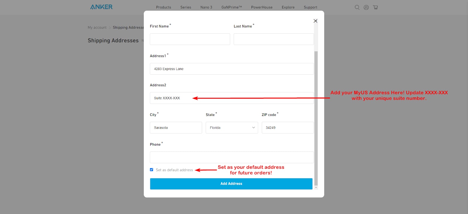 How to Add MyUS Address to AnkerDirect Account
