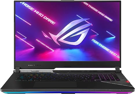 A black 17-inch ASUS ROG Strix Scar 17.3” QHD 240Hz/3ms Gaming Laptop with purple, blue, and pink LED and screensaver