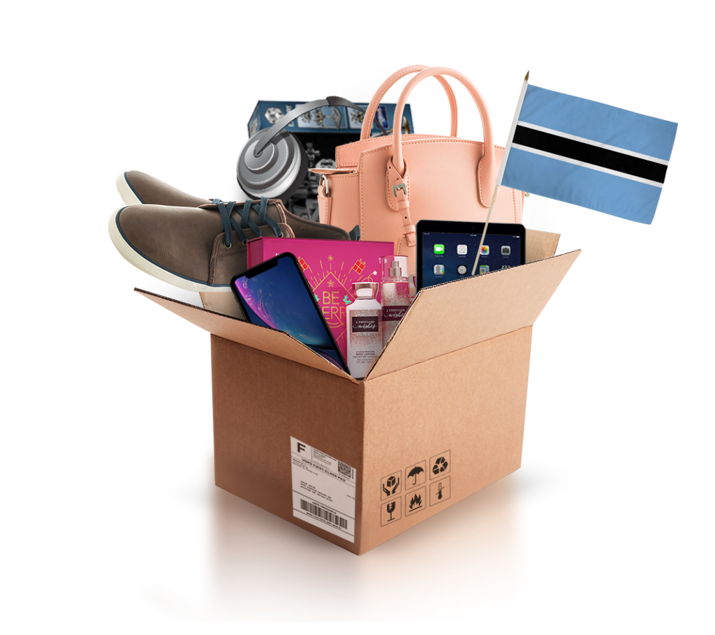 box with various products and the flag of botswana