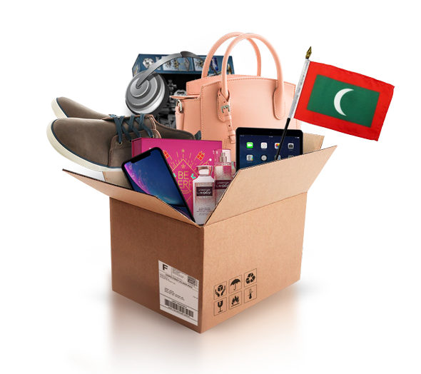 box with various products and the flag of the maldives