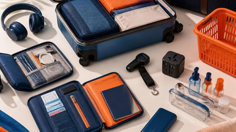 packing cubes, a portable luggage scale, travel organizer, generic universal power adapter, passport holder containing a blank unmarked booklet, travel wallet, noise-canceling headphones, refillable travel bottles, compact power bank, and a small weekender bag