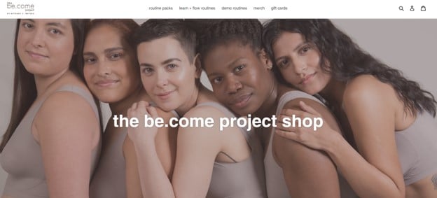 Screenshot of the be.come project’s homepage showing 5 women in workout clothes