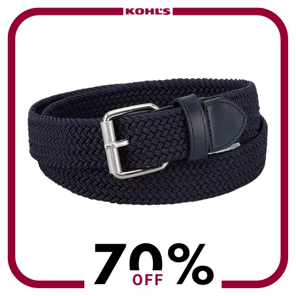 A dark blue braided belt with a silver buckle