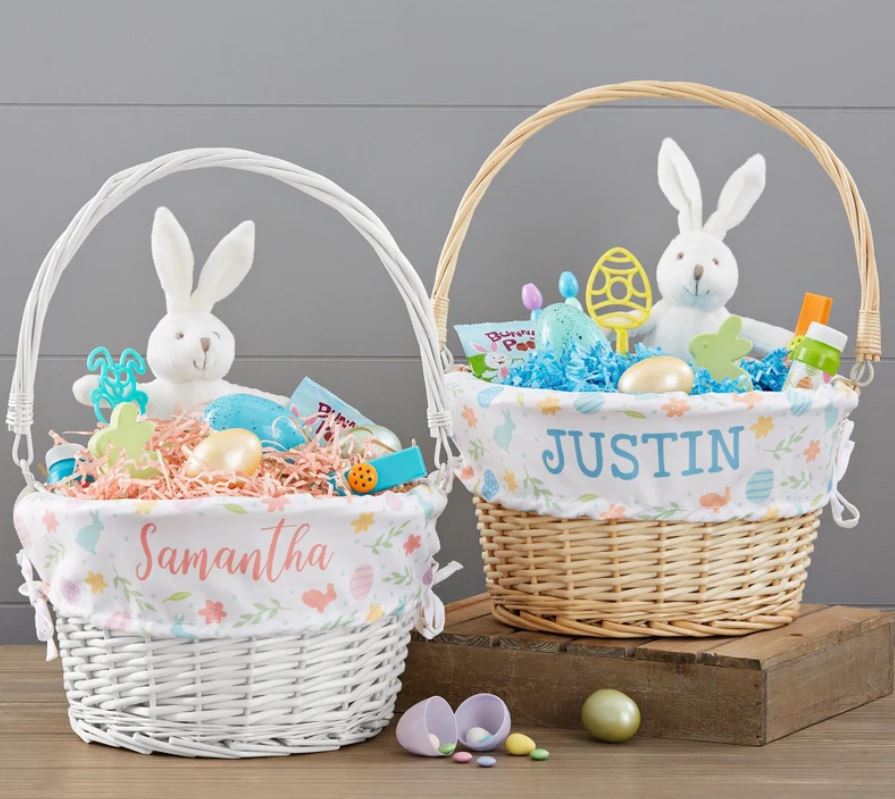 white customized Easter baskets with toys and treats for Samantha and Justin