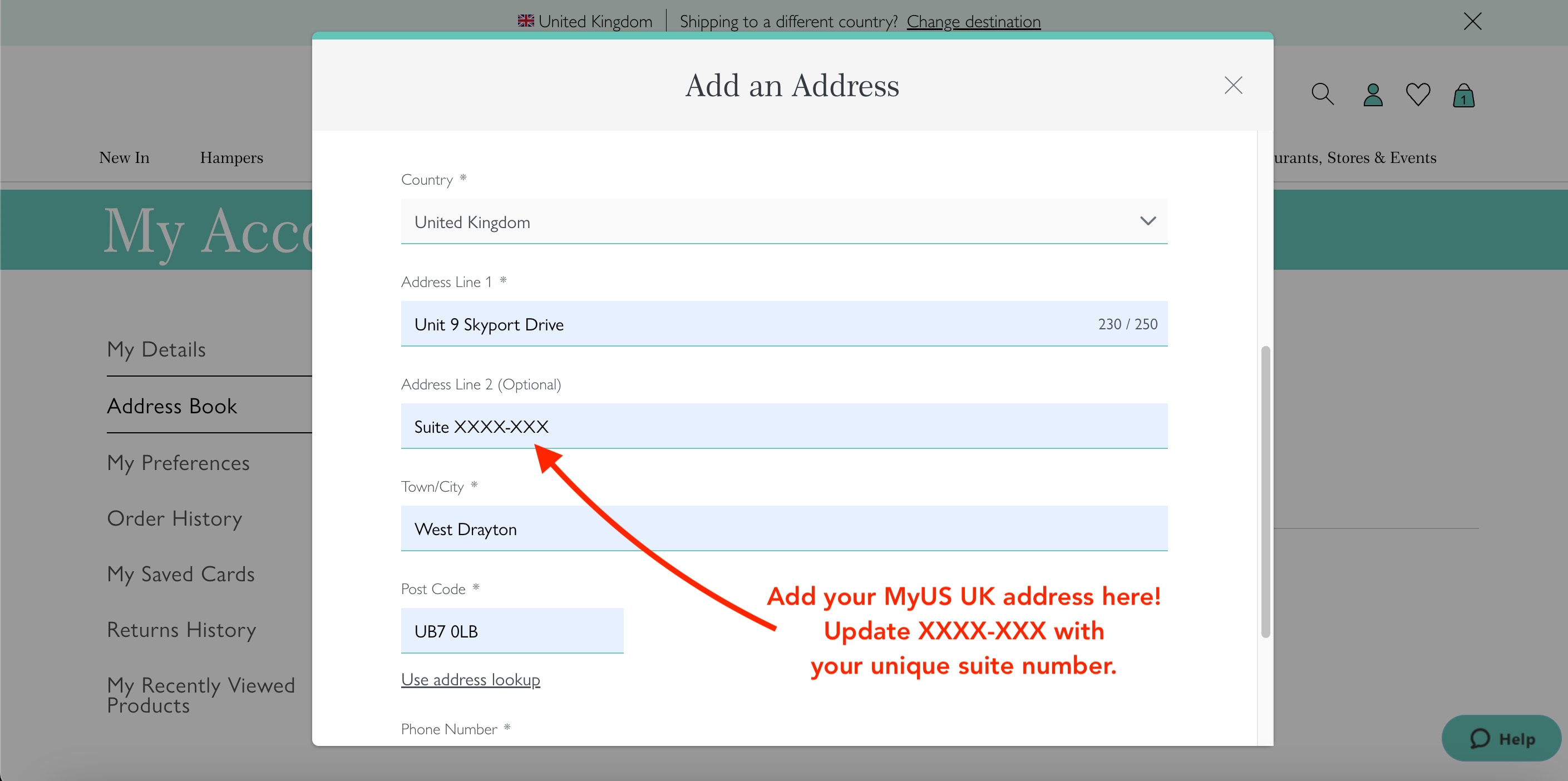 Add MyUS Address to Fortnum & Mason Member Checkout