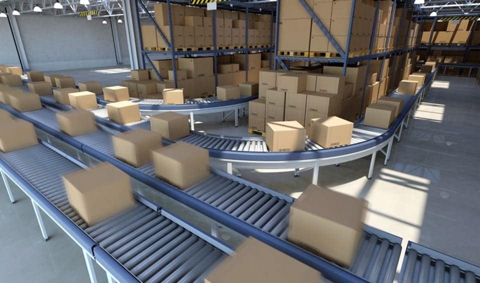 packages moving along a conveyor belt in a shipping warehouse