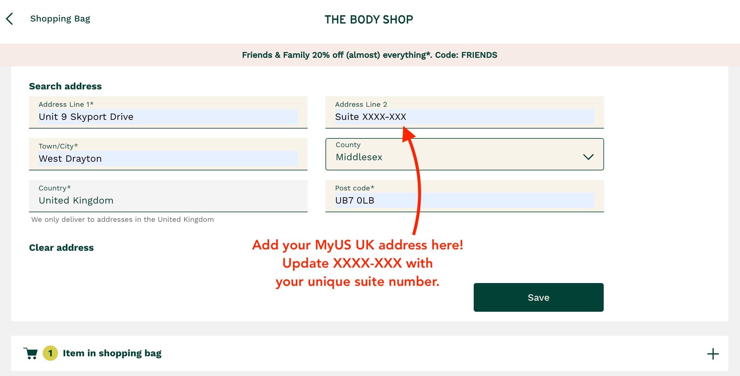 Add MyUS Address to The Body Shop Guest Checkout