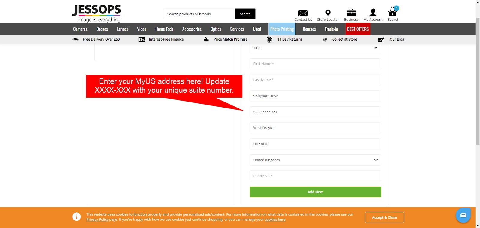 Add MyUS Address to Jessops Member Checkout