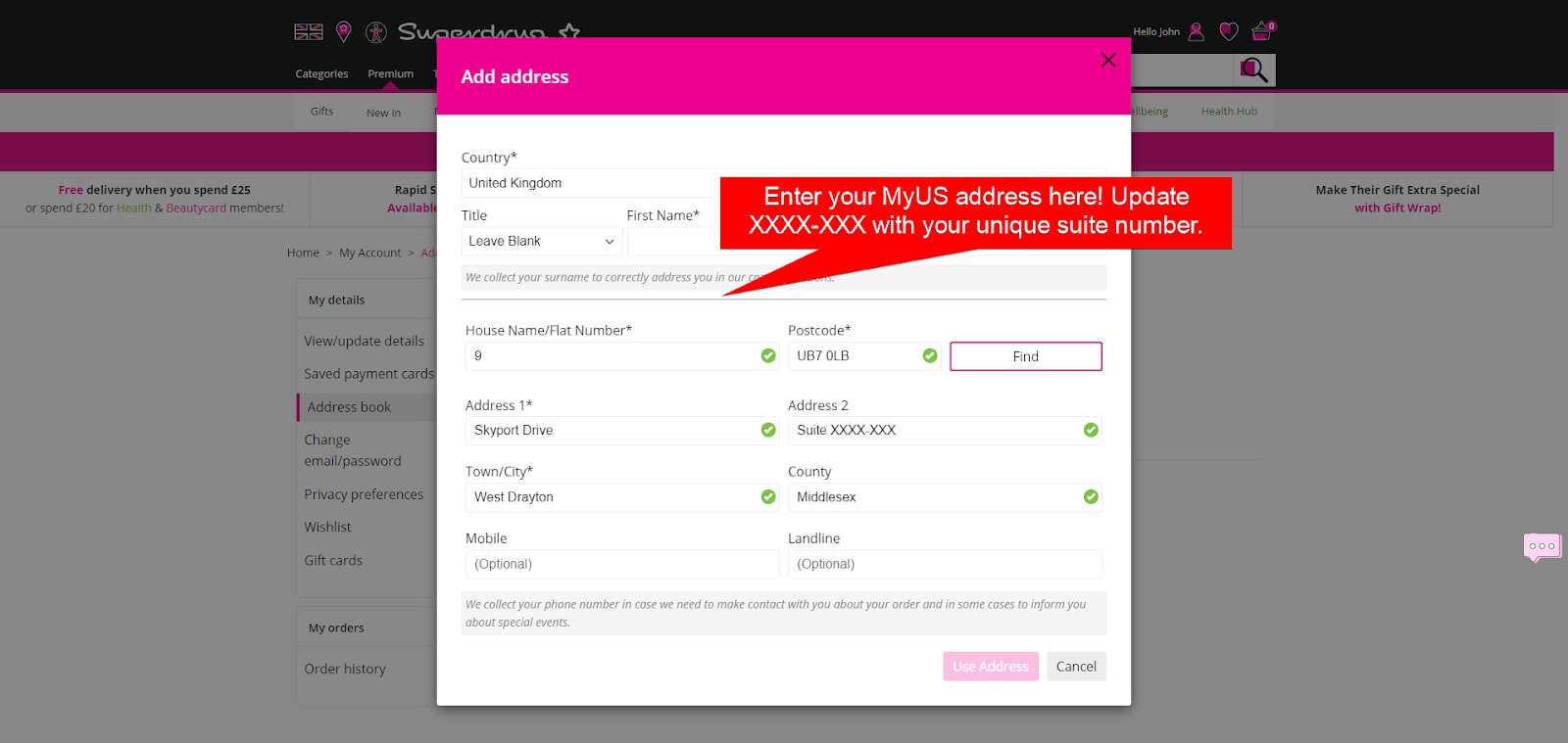 Add MyUS Address to Superdrug Member Checkout