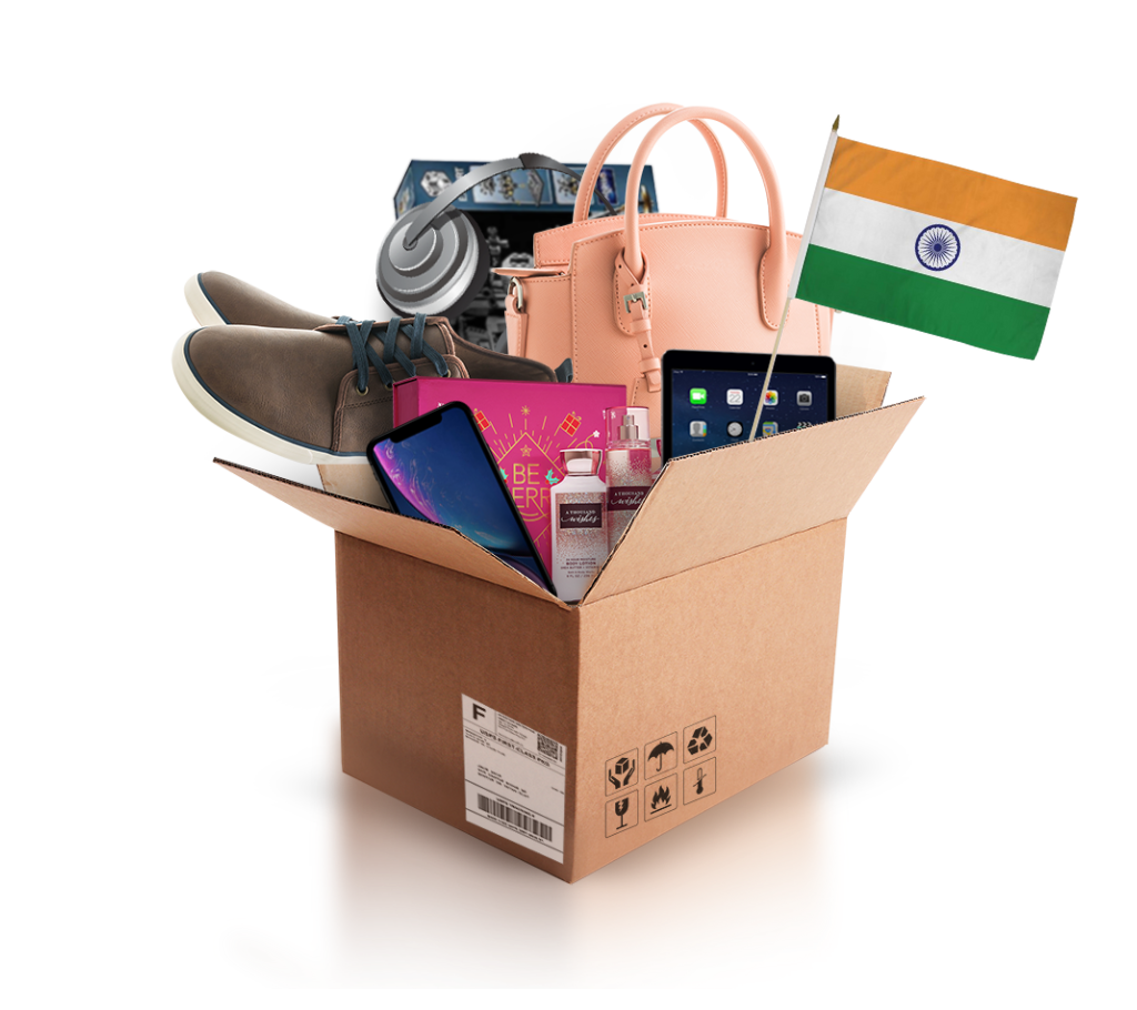 box with various products and the flag of india