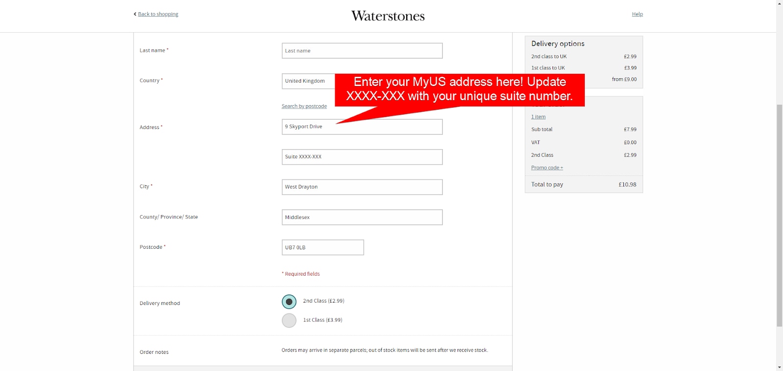 Add MyUS Address to Waterstones Guest Checkout