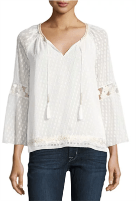 Long sleeve white lace blouse with draw strings 