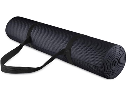 A black rolled-up yoga mat
