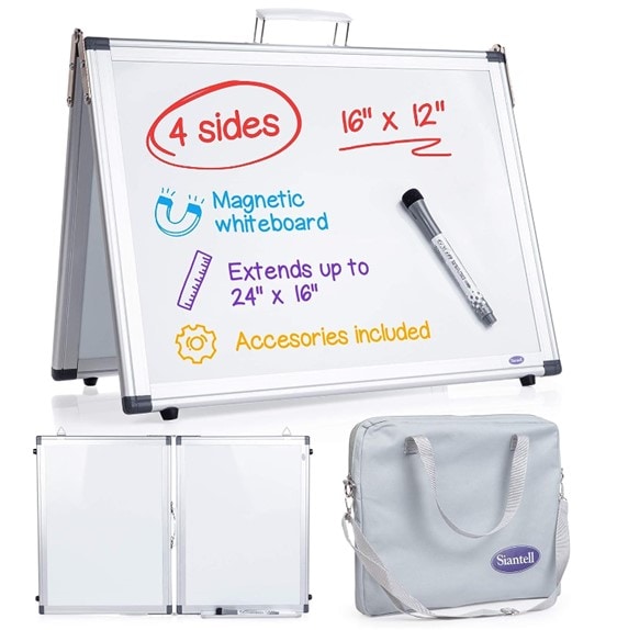 A portable and foldable magnetic whiteboard and its white bag underneath