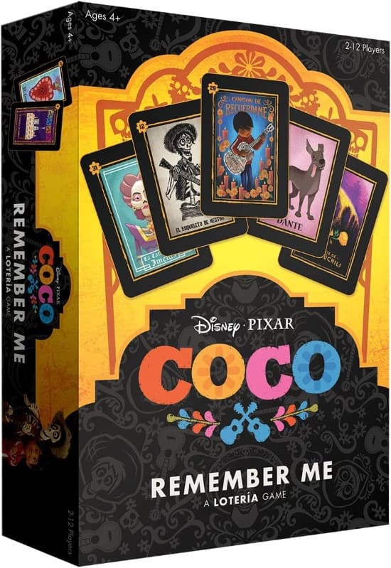 Disney Pixar Coco Remember Me Loteria game box showing five game cards for 2 to 12 players