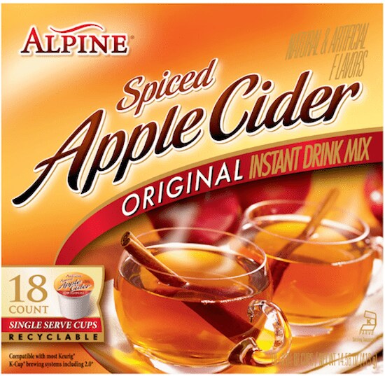 An orange and tan box of Alpine Original Spiced Apple Cider Instant Drink Mix that contains 18 single-serve cups