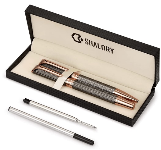 Shalory ballpoint and rollerball pen set packed in an elegant black box with two refills on the side