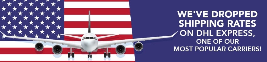 MyUS international shipping prices reduced for DHL Express carrier. Graphic of airplane and US flag.