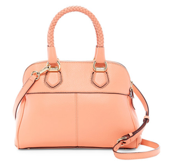 Orange handbag with patterned handle and long strap