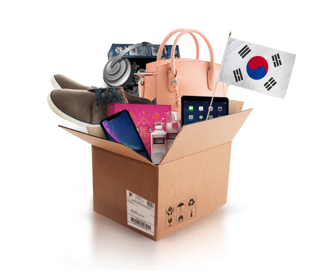 box with various products and the flag of south korea