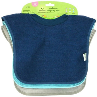 Green Sprouts’ navy, blue, and gray pull-over stay-dry baby bibs