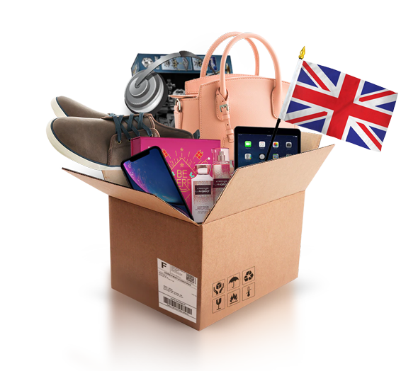 box with various products and the UK flag