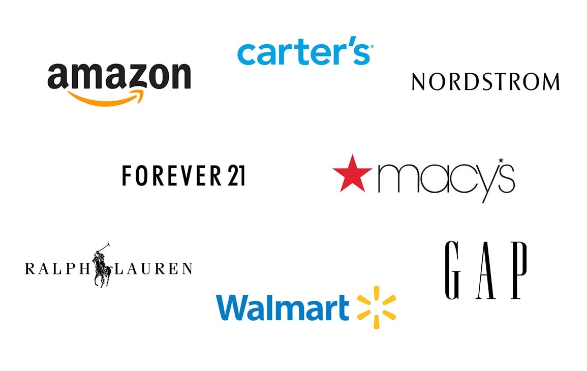 Popular store logos MyUS members love to shop: Amazon, Walmart, Carter's Nordstrom, Forever 21, Macy's Ralph Lauren, and Gap