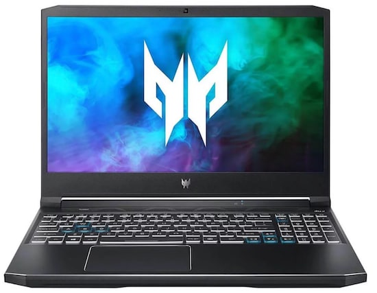 A black and white Acer Predator Helios 300 Gaming Notebook with white and blue LED highlights and a green, blue, and purple smokey screensaver