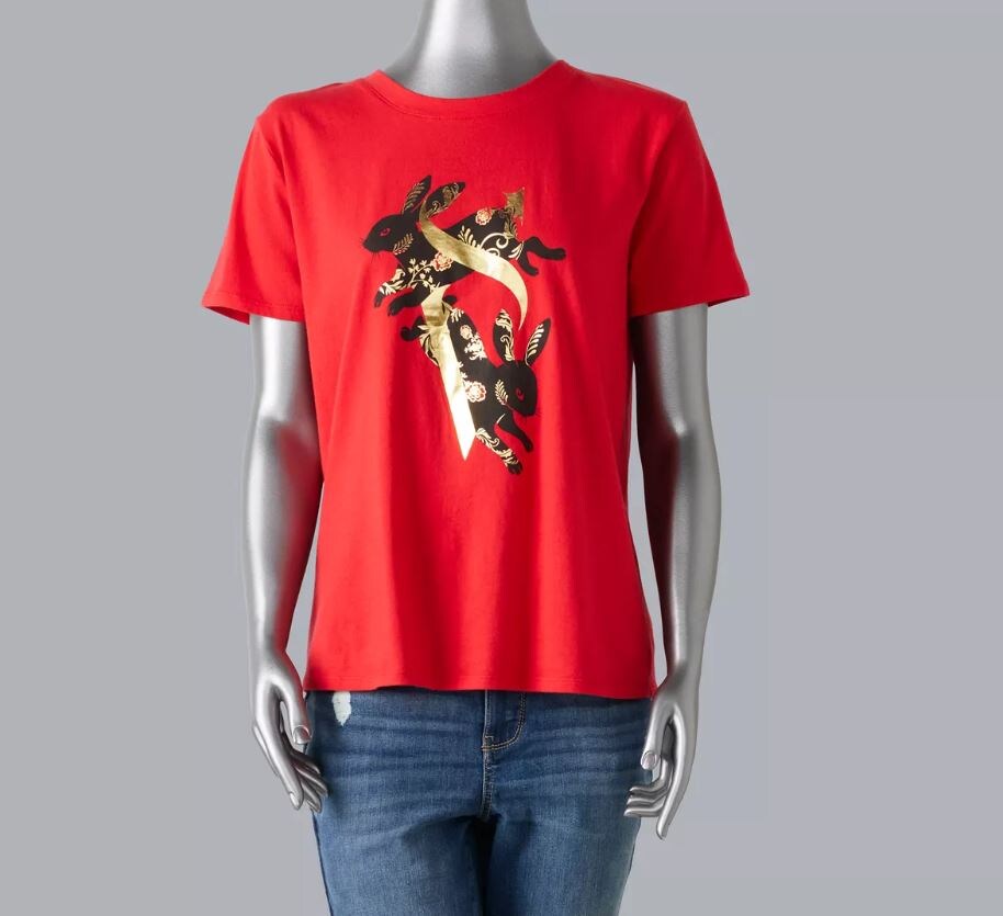 red graphic tee with images of two golden rabbits by Simply Vera Vera Wang
