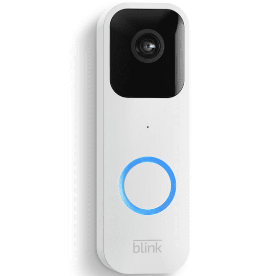 A white and black Blink Video Doorbell with grey words and a blue ring light