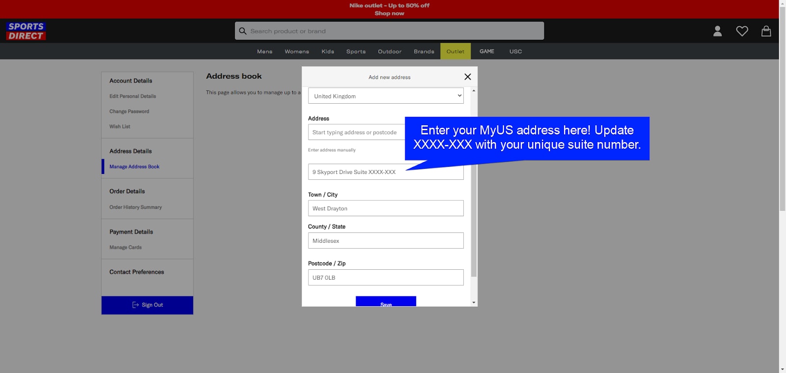 Add MyUS Address to Sports Direct Member Checkout