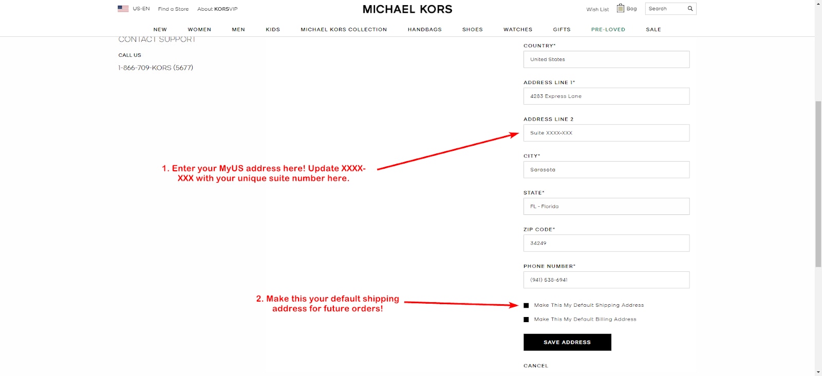 Add MyUS Address to Michael Kors Member Account