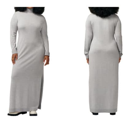Model wearing Gray Affection Long Sleeve Merino Wool Jersey Sweater Dress