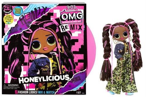 Honeylicious doll from L.O.L. Surprise with brown and pink braids dressed in camo pants and denim jacket next to her product packaging