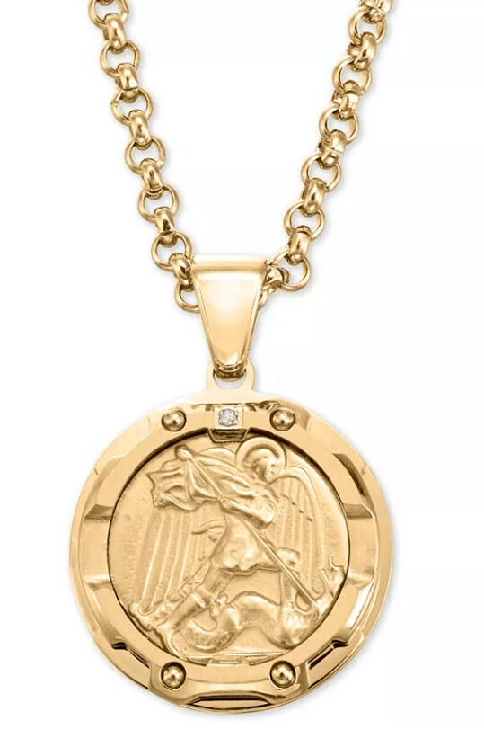 Men's Diamond Accent St. Michael Medallion 24" Pendant Necklace in Yellow Ion-Plated Stainless Steel