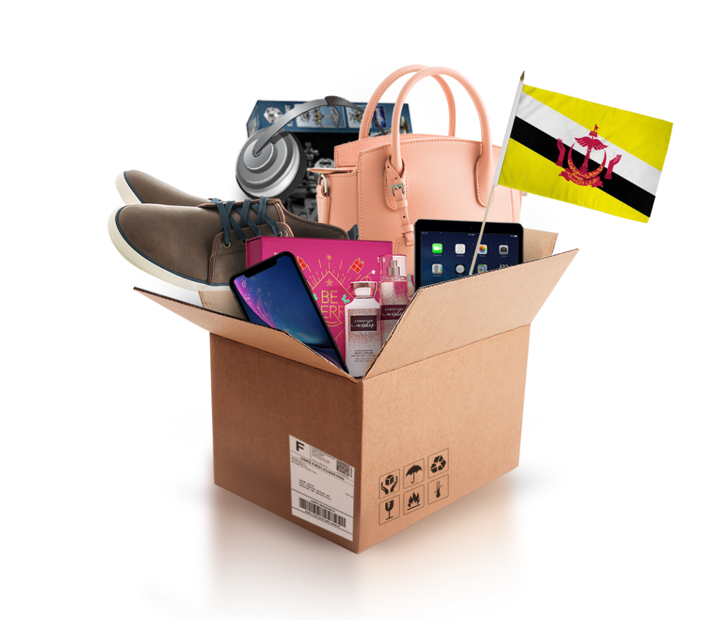 box with various products and the flag of brunei