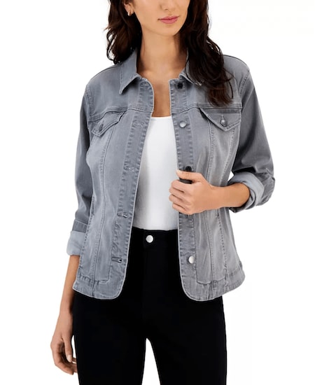 A woman wearing a FLINT WASH grey Charter Club Twill Denim Jacket with a white shirt and black jeans