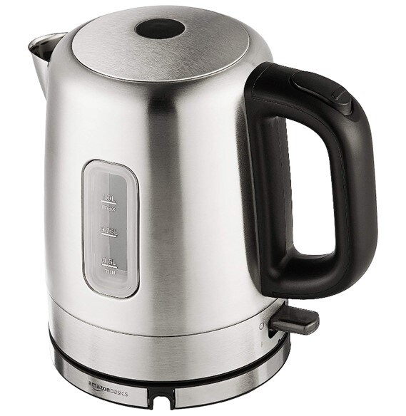 A silver stainless steel portable electric kettle with a black handle