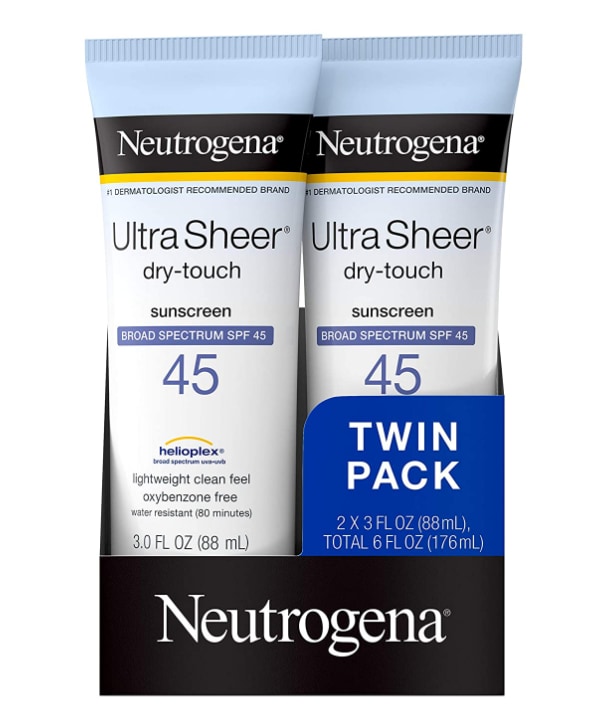 A small black box containing a twin-pack of Neutrogena’s ultra-sheer, dry-touch sunscreen tubes.
