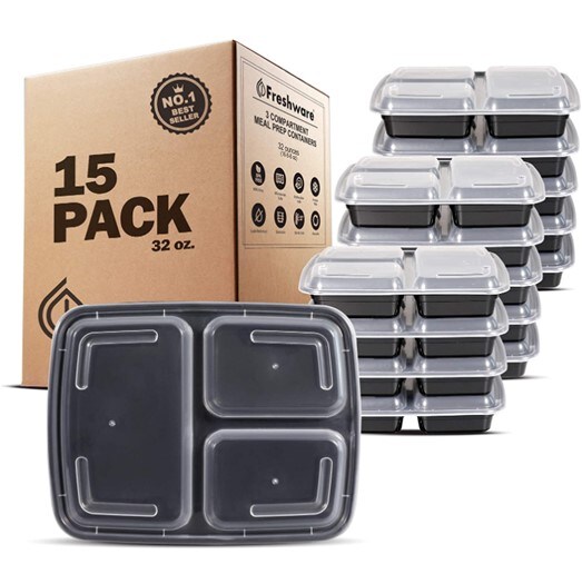 An image displaying the 15-pack Freshware meal kit box and the 15 plastic containers that come in it 