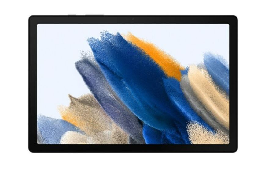 samsung galaxy tab a8 with image of blue, dark blue, tan, and orange brushstrokes