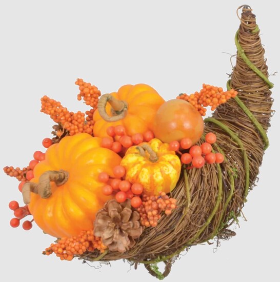 An orange, brown, and red Three Posts Pumpkin Cornucopia full of plastic pine cones, pumpkins, cranberries, and woven faux twigs