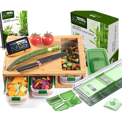 Bamboo Cutting Board with Containers, Locking Lid and Grater