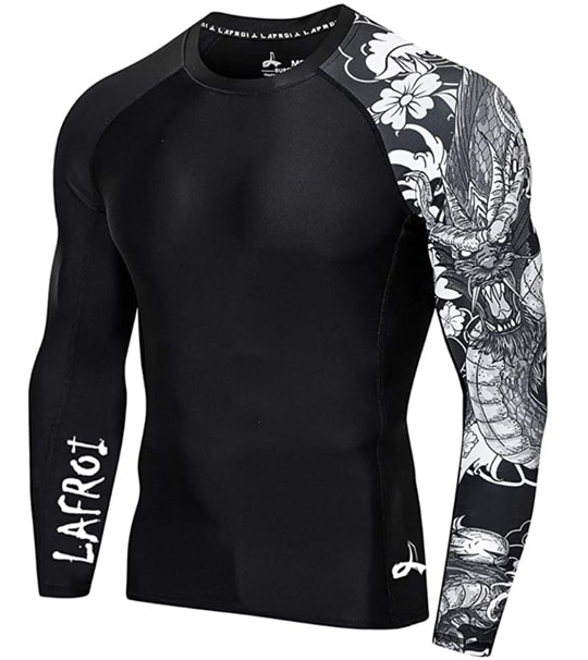Black men's long sleeve performance fit compression rash guard with a dragon-and-flowers black and white left sleeve, and the Lafroi logo on the right sleeve.