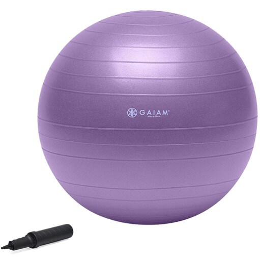 A purple Gaiam balance ball and a black air pump next to it