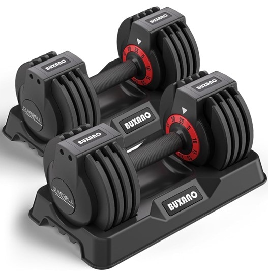 A black set of two Buxano adjustable dumbbells